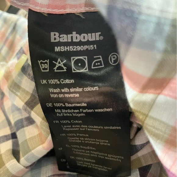 Barbour Kinson S/S Tailored Shirt Sz S Pastel Pink Multi-color Cotton